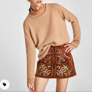 ZARA Suede Beaded Floral Embroidered Mini Skirt